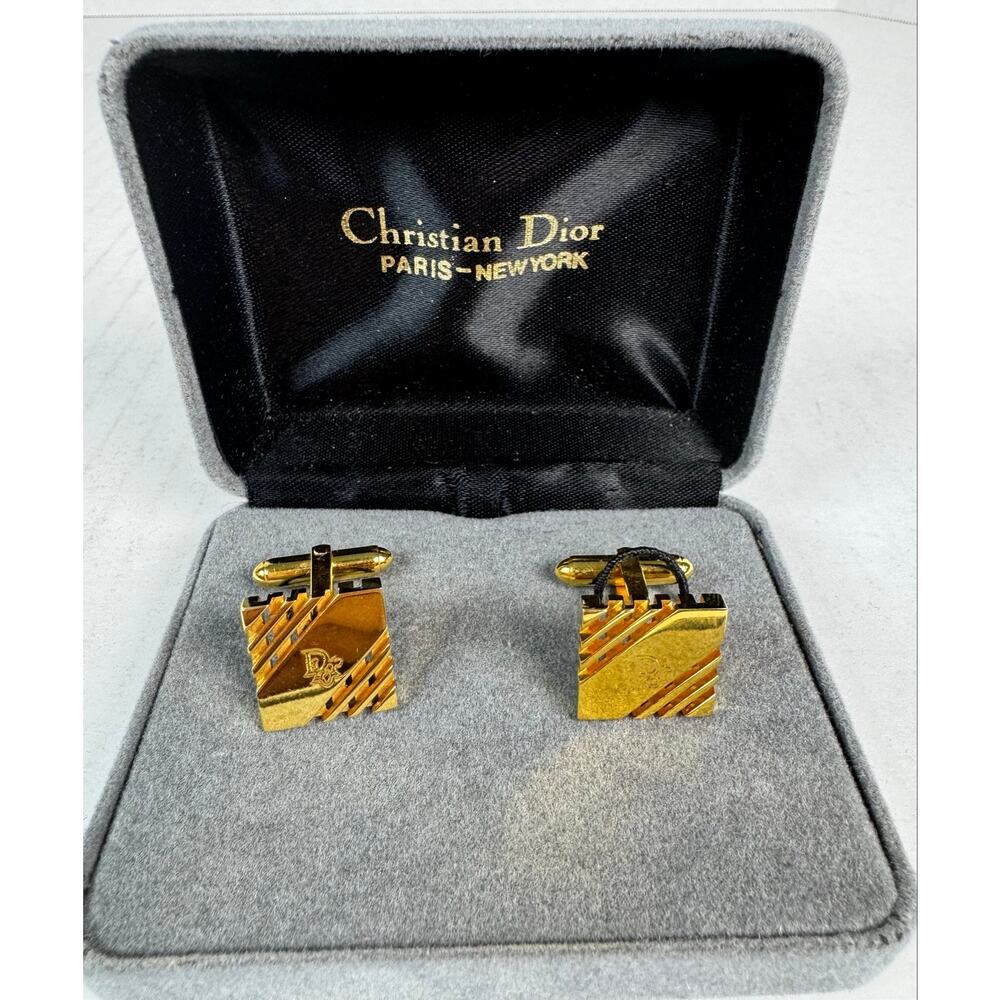 Vintage Christian Dior Gold Tone Logo Cufflinks w Box France